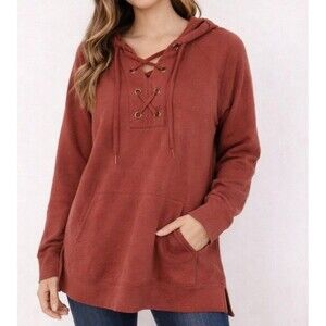 Style & Co Women's XL Rust Sweatshirt Hoodie Pullover Grommet Lace Up Boho